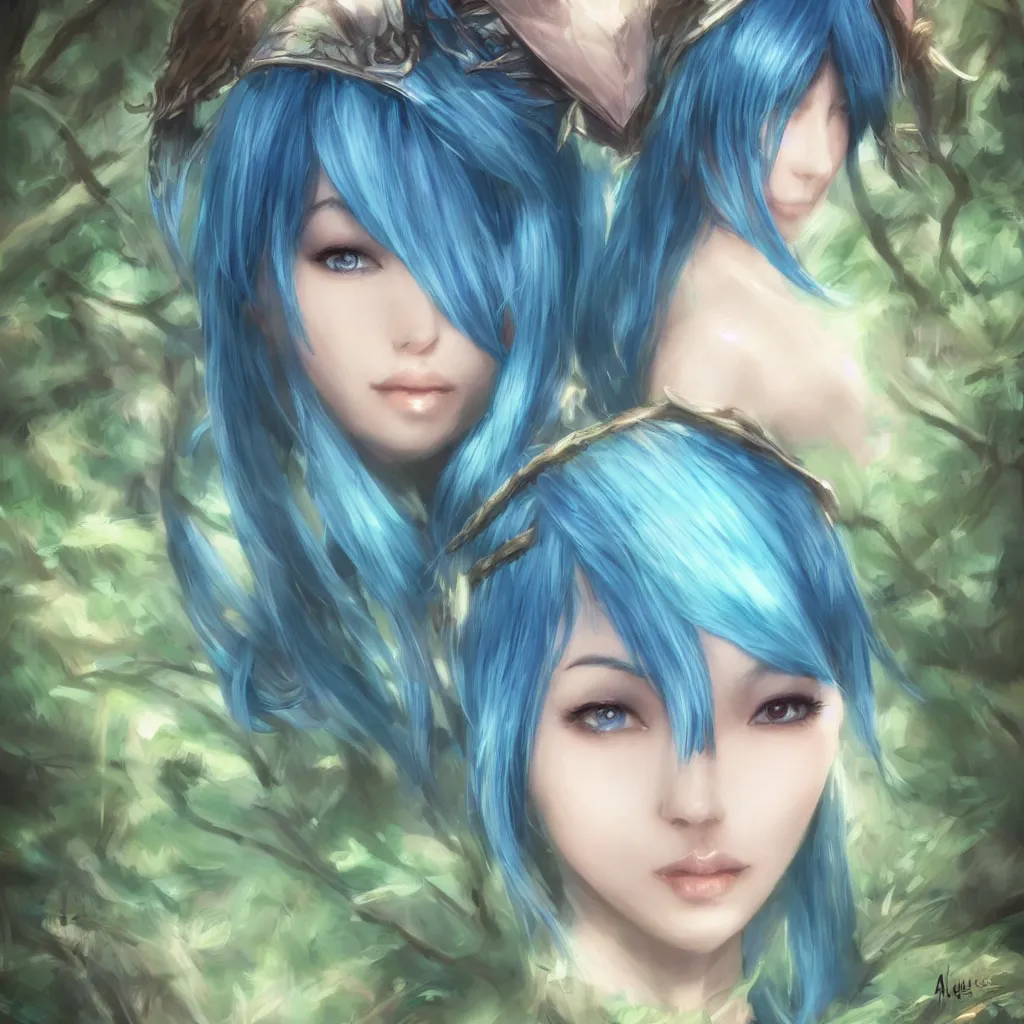 Prompt: beautiful young Asian elf woman with blue hair in a hazy forest at dusk, by Artgerm