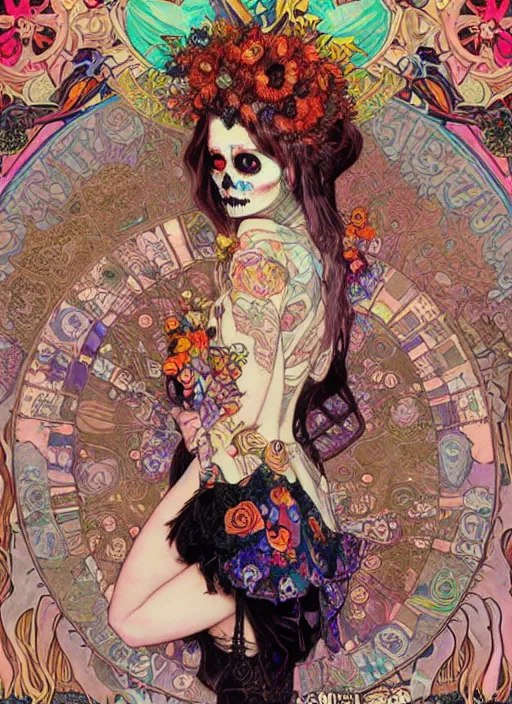 Image similar to cute punk goth fashion fractal Día de los Muertos tattooed blonde girl posing, psychedelic poster art of by Victor Moscoso Rick Griffin Alphonse Mucha Gustav Klimt Ayami Kojima Amano Charlie Bowater, masterpiece