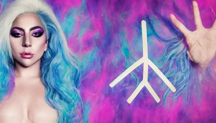 Image similar to lady gaga with long white hair holding a peace sign, an album cover by Hedi Xandt, featured on deviantart, holography, smokey background, matte background, seapunk High resolution. Highly detailed. Dramatic. 8k.4k.