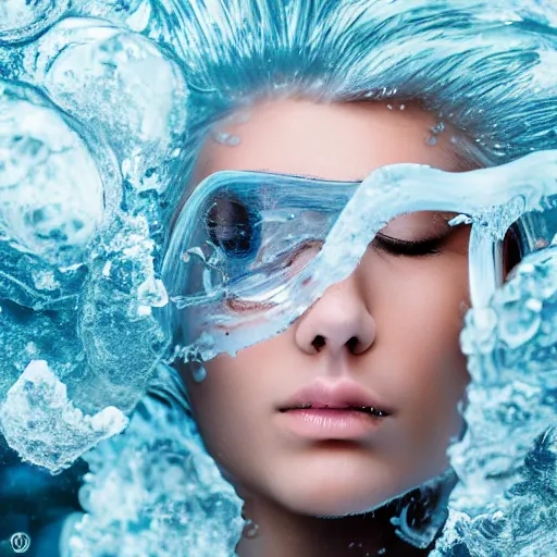 Prompt: futuristic female soldier eyes closed partly submerged in rippling viscous clear fluid, oil sleek surface, frost roses, ice needles, cold blue light, complex hyperdetailed technical suit. white hair flowing. ultra realistic, wide angle.