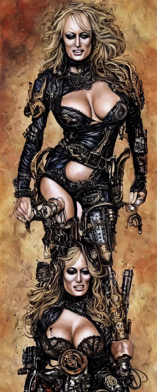 Image similar to a beautiful and captivating heavy metal art nouveau portrait of stormy daniels as an ironpunk rebel soldier by chris achilleos, bill sienkiewicz and pushead, mixed media painting, photorealism, extremely hyperdetailed, perfect symmetrical facial features, perfect anatomy, ornate intricate declotage, confident expression, moebius, olivia de bernardinis, travis charest