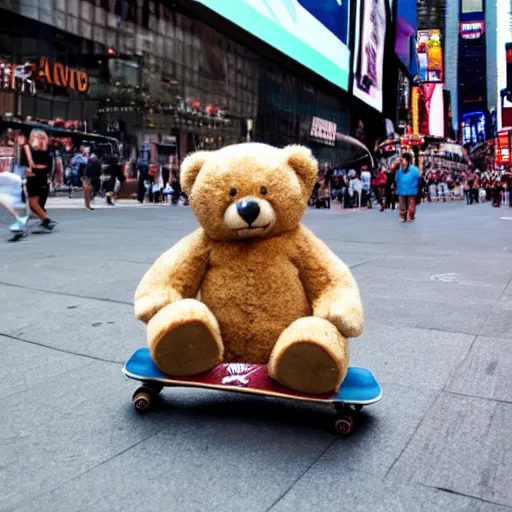 Image similar to a photo of a teddy bear on a skateboard in times square