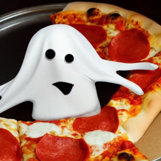 Prompt: creepy ghost eating a pizza