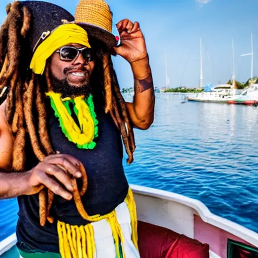 Prompt: rastafarian on a boat with a hotdog