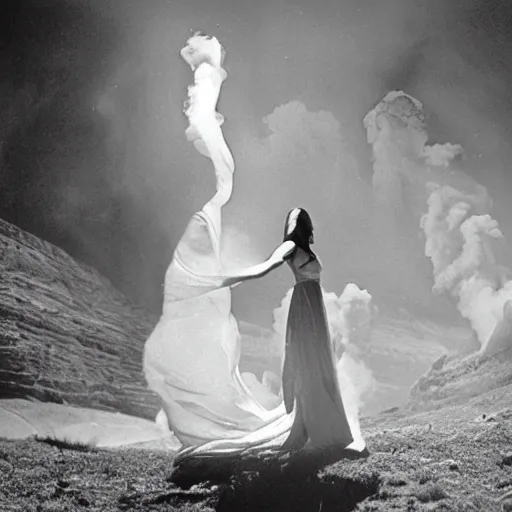 Prompt: 1 9 7 0's artistic western movie, a woman in a giant flowing incredibly long dragging white dress made out of white smoke, standing inside a dark western rocky scenic landscape, volumetric lighting