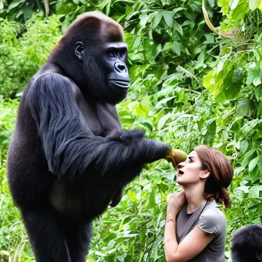 Prompt: Emma Watson in a zoo with a gorilla as it is feeding her bananas