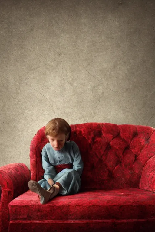 Image similar to photorealistic front view sad pale victorian ai child sitting on a red sofa made of human bones in a surreal landscape, depth of field, intricate, highly detailed, high quality, realistic, sharp focus, soft glow