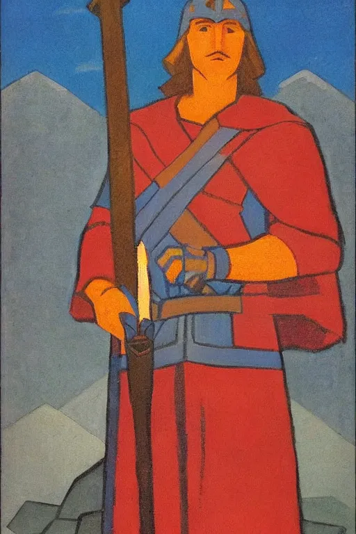 Image similar to thor holding the hammer, marvel, artwork by nicholas roerich,