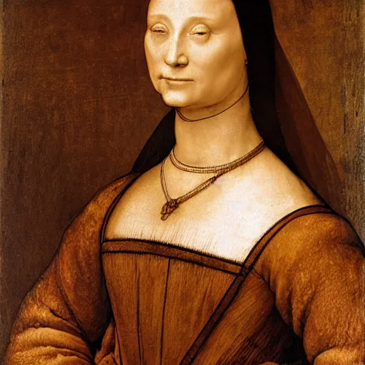 Prompt: a portrait of an old noble woman, tan skinned with brown hair by leonardo da vinci