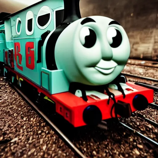 Prompt: a photo of thomas the train after he's been turned into a zombie, with sharp jagged teeth, and vicious blood thirsty eyes. f / 1 6, 3 5 mm, award - winning photography, soft lighting