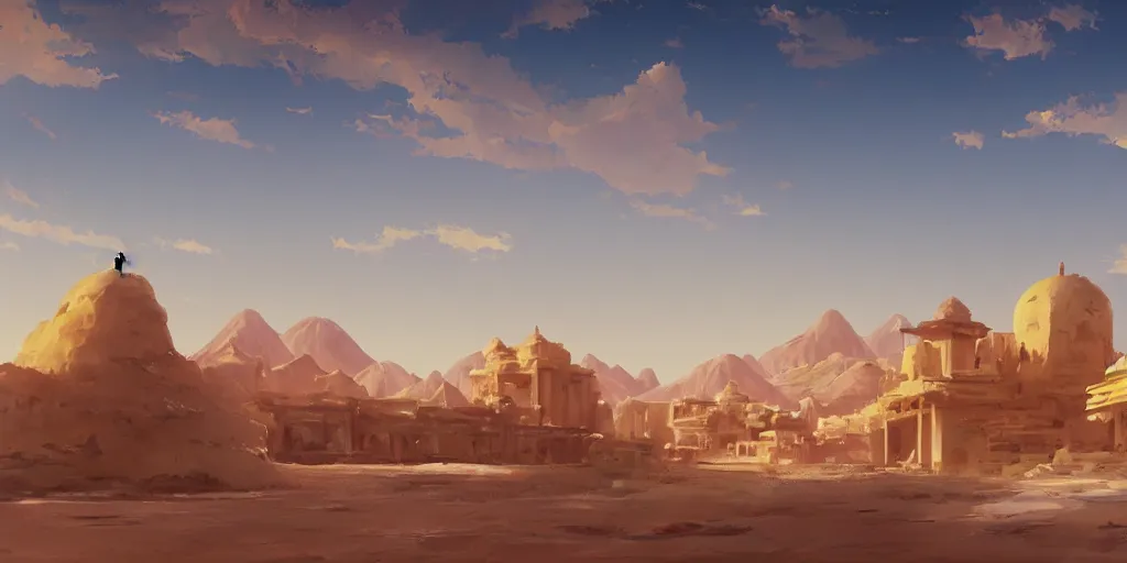 Image similar to a stunning desert landscape with an arabian palace on the horizon by makoto shinkai