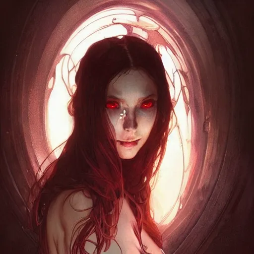 Image similar to digital character concept art by artgerm and greg rutkowski and alphonse mucha. clear portrait of vampire girl, blood dripping, light effect. hyper detailed, glowing lights!! intricate, elegant, digital painting, artstation, smooth, sharp focus