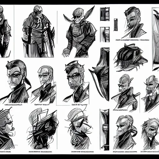 Image similar to character design sheet, book cover, deep shadows, extremely fine inking lines