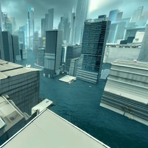 Prompt: mirrors edge flooded district level screenshot, 4k