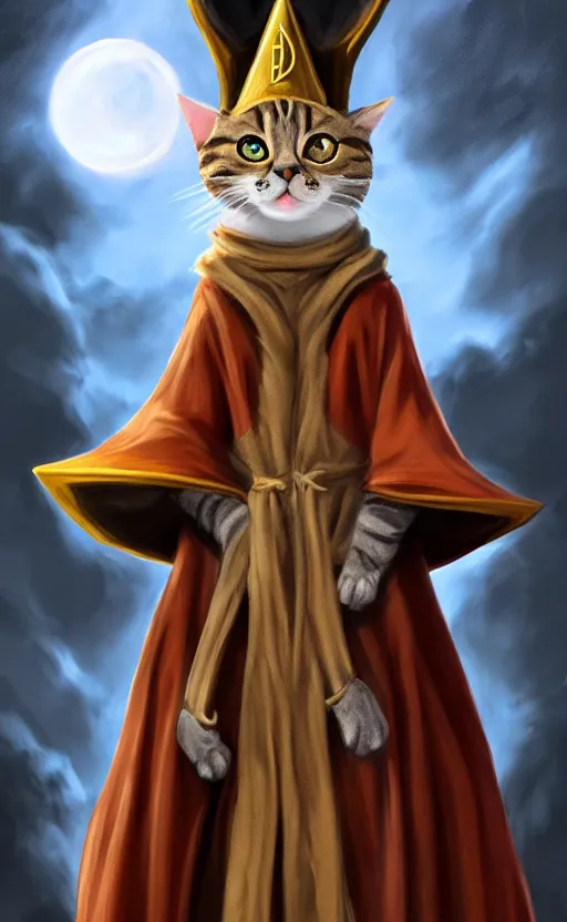 Image similar to matte oil painting of a bipdel cat wearing long wizard robes, anthropomorphic cat wearing a big wizard hat, dnd, character reveal, magic, posing, full body portrait, high resolution, detailed, inspiring, award - winning, clear, crisp, sharp