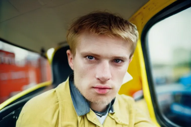 Image similar to candid photo of a Caucasian man sat in back of a UK taxi, Kodak Portra 400,8K,highly detailed: beautiful perspective extreme closeup portrait photo in style of 2000s retrofuturism, photography fashion edition, tilt shift, highly detailed, focus on man ;blonde hair;blue eyes, clear eyes, soft lighting