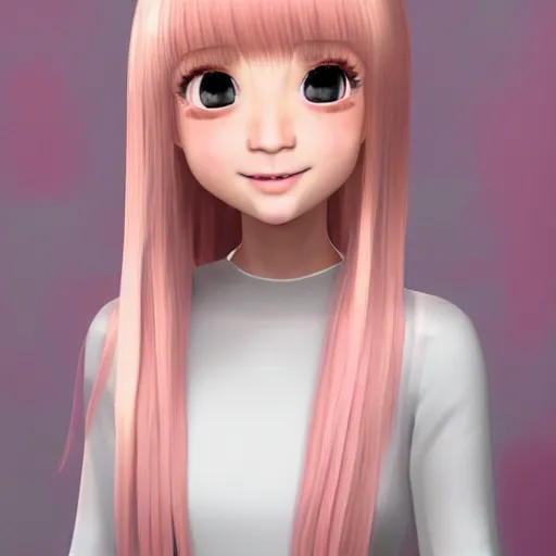 Image similar to Render of Nikki from Shining Nikki Dress-Up Game, a cute 3D young woman, long light pink hair, full bangs, full round face, hazel amber eyes, pale skin, cute freckles, light blush, Chinese heritage, smiling softly, wearing casual clothing, interior lighting, cozy living room background, medium shot, mid-shot, hyperdetailed, trending on Artstation, Unreal Engine 4k