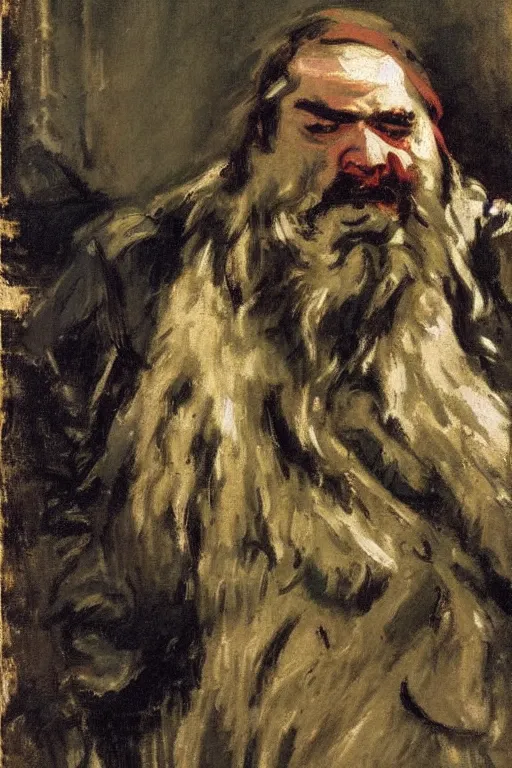 Image similar to portrait of a grumpy dwarven barbarian by walter sickert, john singer sargent, and william open