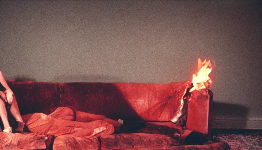 Image similar to 7 0 s film still from a horror movie about a person sitting on a burning couch, kodachrome, cinecolor, cinestill, film grain, film texture, retro, cinematic, high resolution, photorealism,