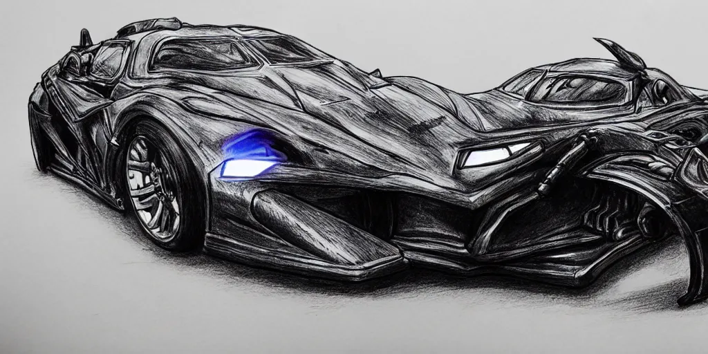 Image similar to ballpoint pen drawing of the batmobile, batman, arkham knight