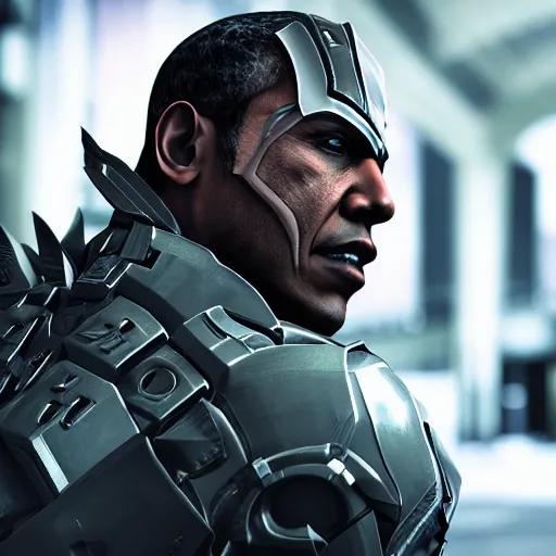 Image similar to Obama as Samuel Rodrigues from Metal Gear Rising, 40nm lens, shallow depth of field, split lighting, 4k,