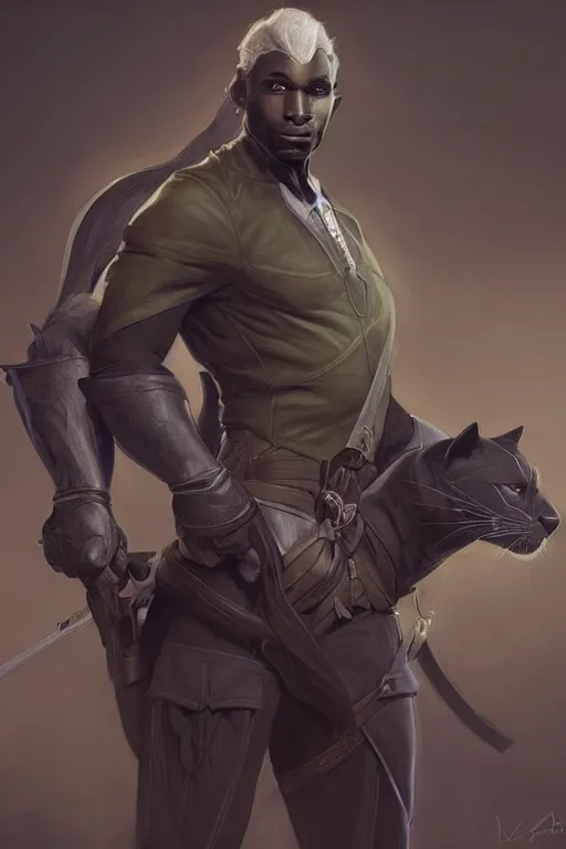 Prompt: a handsome drow ranger standing with his panther, highly detailed, digital painting, artstation, concept art, smooth, sharp focus, illustration, unreal engine 5, 8 k, art by artgerm and greg rutkowski and alphonse mucha