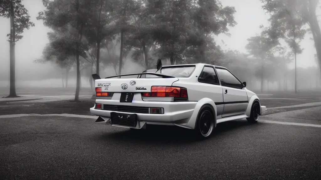 Prompt: toyota sprinter trueno 3 door gt - apex, cinematic, nikon d 7 5 0, long exposure, white balance, 8 k, led, lumen global illumination, fog, ray tracing reflections, fxaa, rtx, post - production