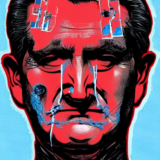 Prompt: Ted Cruz infected with the rage virus, hyperreal comic illustration, art by Declan Shalvey, 28 Days Later, Portrait Closeup, horror