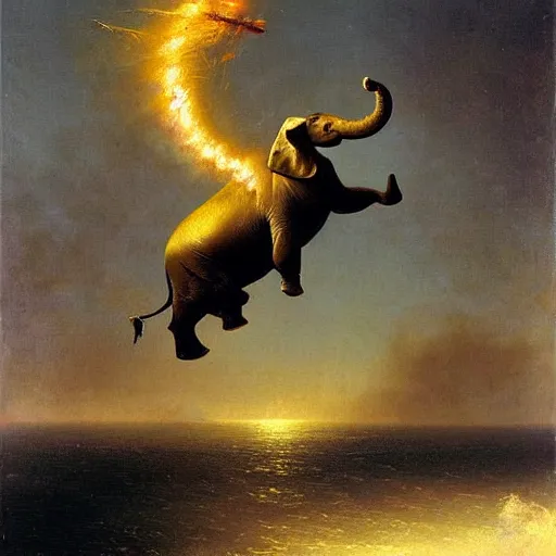 Prompt: giant gold-clad elephant in ferocious battle against a flying fire breathing seal, dark, oil painting, Ivan Aivazovsky