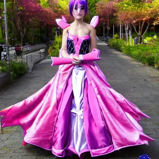 Image similar to rowen atkinson mid magic outfit transformation, anime style, ball gown dress