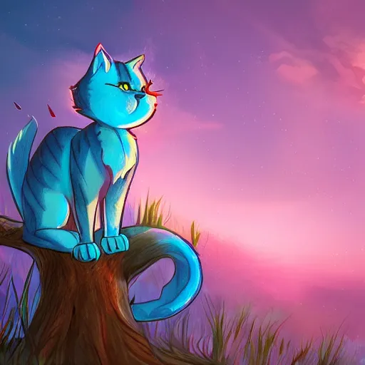 Prompt: illustration of glowing cute blue cat, field and tree, detailed concept art, artstation, warrior cats, shading,