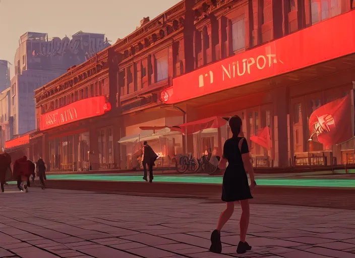 Prompt: inspiring beautiful girl a red propaganda flag walking through crowd in a beautiful futuristic city by Edward Hopper and Dan Mumford, Unreal Engine 5, Lumen, Nanite