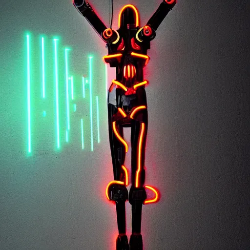 Prompt: neon cyberpunk robot crucified by matthias grunewald