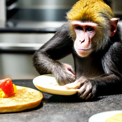 Image similar to a monkey cooking an omelette.