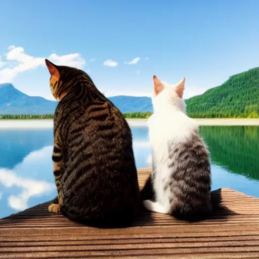 Prompt: two cats staring off into the distance on a wooden dock, in the background is a beautiful view of a crystal clear lake and a mountain range