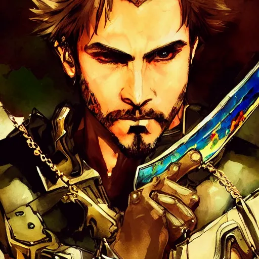 Prompt: portrait of a hero holding his sword in front of his face by yoji shinkawa, high quality, extra details, realism, ornate, colored, golden chain, blood, white skin, short hair, colorful, futuristic, war