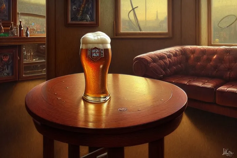 Image similar to detailed pint of beer on the coffee table in the the mid century modern livingroom. highly detailed, digital painting, artstation, concept art, smooth, sharp focus, illustration, artgerm, tomasz alen kopera, peter mohrbacher, donato giancola, joseph christian leyendecker, wlop, boris vallejo