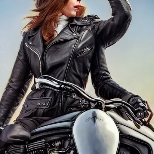 Image similar to a bunny wearing a leather jacket, riding a motorcycle, elegant, highly detailed, digital painting, artstation, concept art, matte, sharp focus, highly detailed, 4 k, hdr, smooth, sharp focus, high resolution, award - winning photo, photorealistic, art by artgerm and greg rutkowski and alphonse mucha, large shot