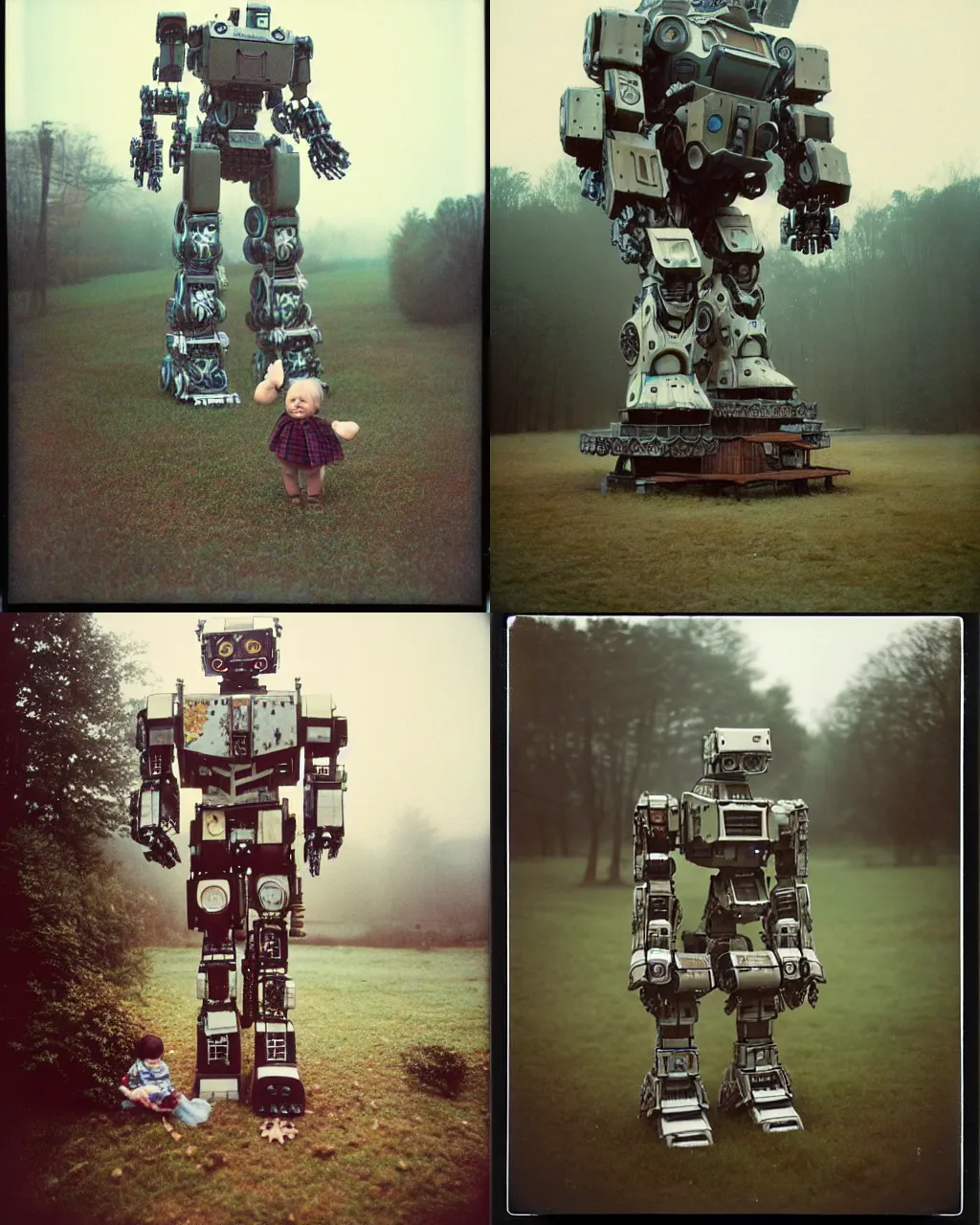 Prompt: giant oversized intricate robot mech as giant baby on a village, Cinematic focus, Polaroid photo, vintage, neutral colors, soft lights, foggy, by Steve Hanks, by Serov Valentin, by lisa yuskavage, by Andrei Tarkovsky