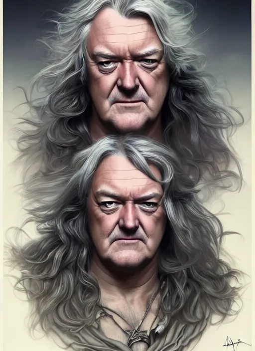 Prompt: portrait of james may, d & d, muscular, long grey hair, fantasy, intricate, elegant, highly detailed, digital painting, artstation, concept art, smooth, sharp focus, illustration, art by artgerm and greg rutkowski and alphonse mucha