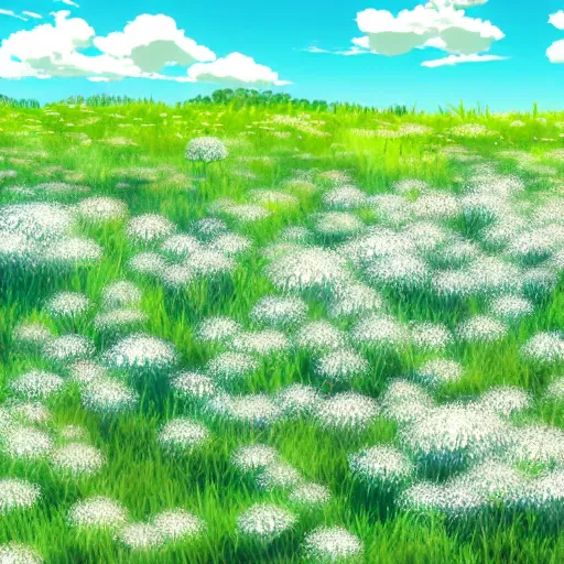 Image similar to A wide-up shot of a sea of withe dandelions with green wind blowing, anime style, Studio Ghibli style, cel shading, 4k, artistic and detailed,