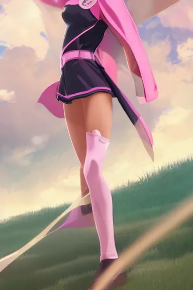 Image similar to blonde little girl wearing an pink and white hero outfit, digital artwork made by artgerm lau and makoto shinkai, shaped focus, heroic composition, hero pose, inspired by peni parker from spiderverso, smooth