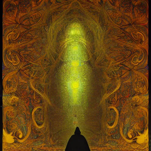 Prompt: 2 1 st century monk, silent, no talking, paranoia, symmetrical, concept art, intricate detail, volumetric shadows and lighting, psychedelic colors, vibrant, realistic oil painting by gustave dore