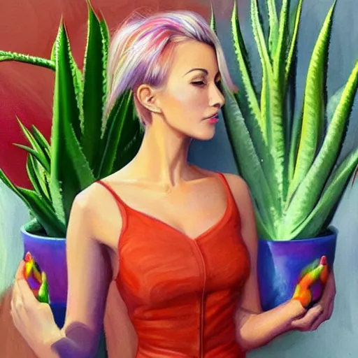 Image similar to painting by Artgerm of a beautiful woman with shoulder length rainbow hair in a coral dress putting colorful South African bitter aloe succulents into rainbow pots at a round table