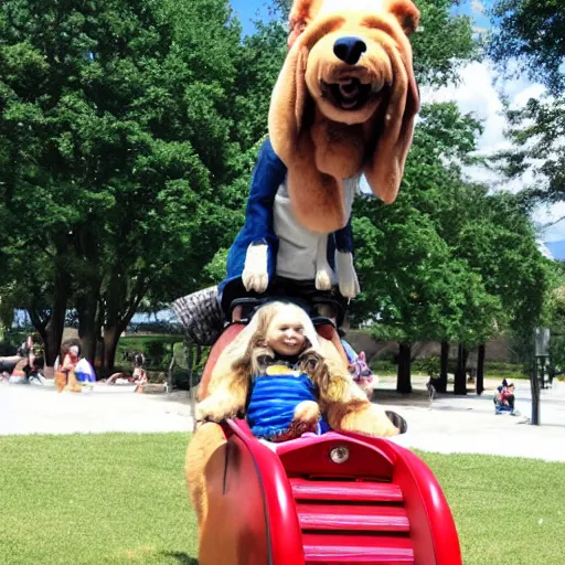 Image similar to girl riding a giant schanuzer dog at the park