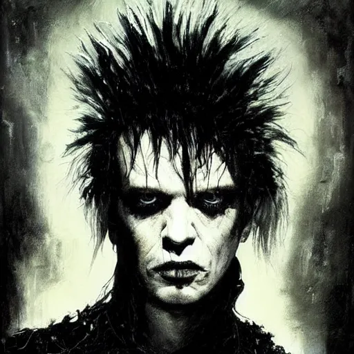 Image similar to stunning portrait of gaunt billy idol a ( the cure fan ) as dream from sandman, dim stars as eyes, by jeremy mann, by cedric peyravernay, by by russ mills, by richard avedon and ben templesmith, dramatic lightning, sadness, dark eye sockets, in the shadows, punk rock, gothic, high detailed, 8 k