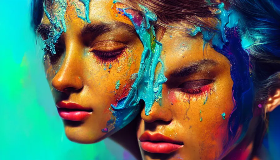 Image similar to very beautiful woman, face submerged in colorful oils, brown skin, realism, extreme detail, real life, key art, soft light, volumetric light, 3 - d shadows, photo by james jean and wlop, photoshoot