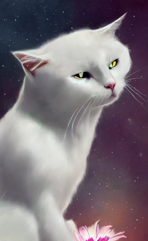 Image similar to a white cat with cosmos in its eyes, dynamic lighting, photorealistic fantasy concept art, trending on art station, stunning visuals, creative, cinematic, ultra detailed