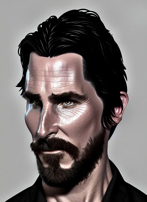 Image similar to portrait of Christian Bale in the style of Julen Urrutia's stylized characters + dim volumetric lighting, 8k octane beautifully detailed render, post-processing, extremely hyperdetailed, intricate, epic composition, grim yet sparkling atmosphere, cinematic lighting + masterpiece, trending on artstation