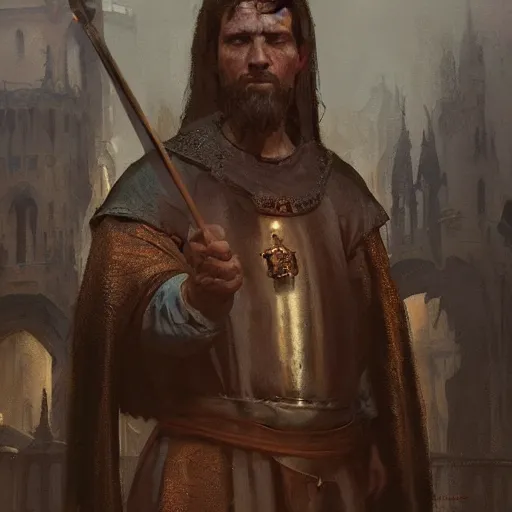 Image similar to Portrait painting of a medieval christian by his hands by greg rutkowski and Craig Mullins, Dark atmospheric and cinematic lighting